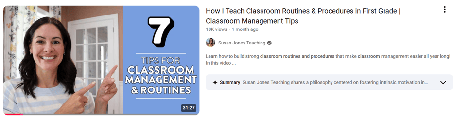 YouTube listing for Susan Jones Teaching's video “How I Teach Classroom Routines & Procedures in First Grade,” showing a classroom-management thumbnail, view count, and a description offering practical classroom routines and procedures.