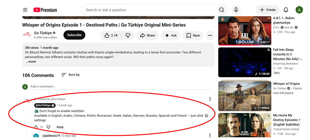 Pinned GoTürkiye YouTube comment stating that subtitles are available in English, Arabic, Chinese, Polish, Romanian, Greek, Italian, German, Russian, Spanish, and French.